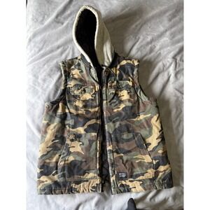 Matix Camo Hooded Vest Mens XL Green Brown Camouflage Quilted Lined Canvas Skate